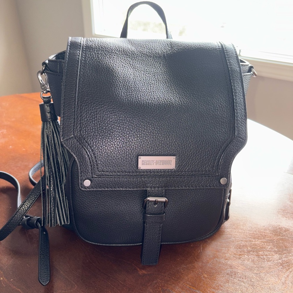 Harley-Davidson Black Pebbled Leather Backpack with Tassel